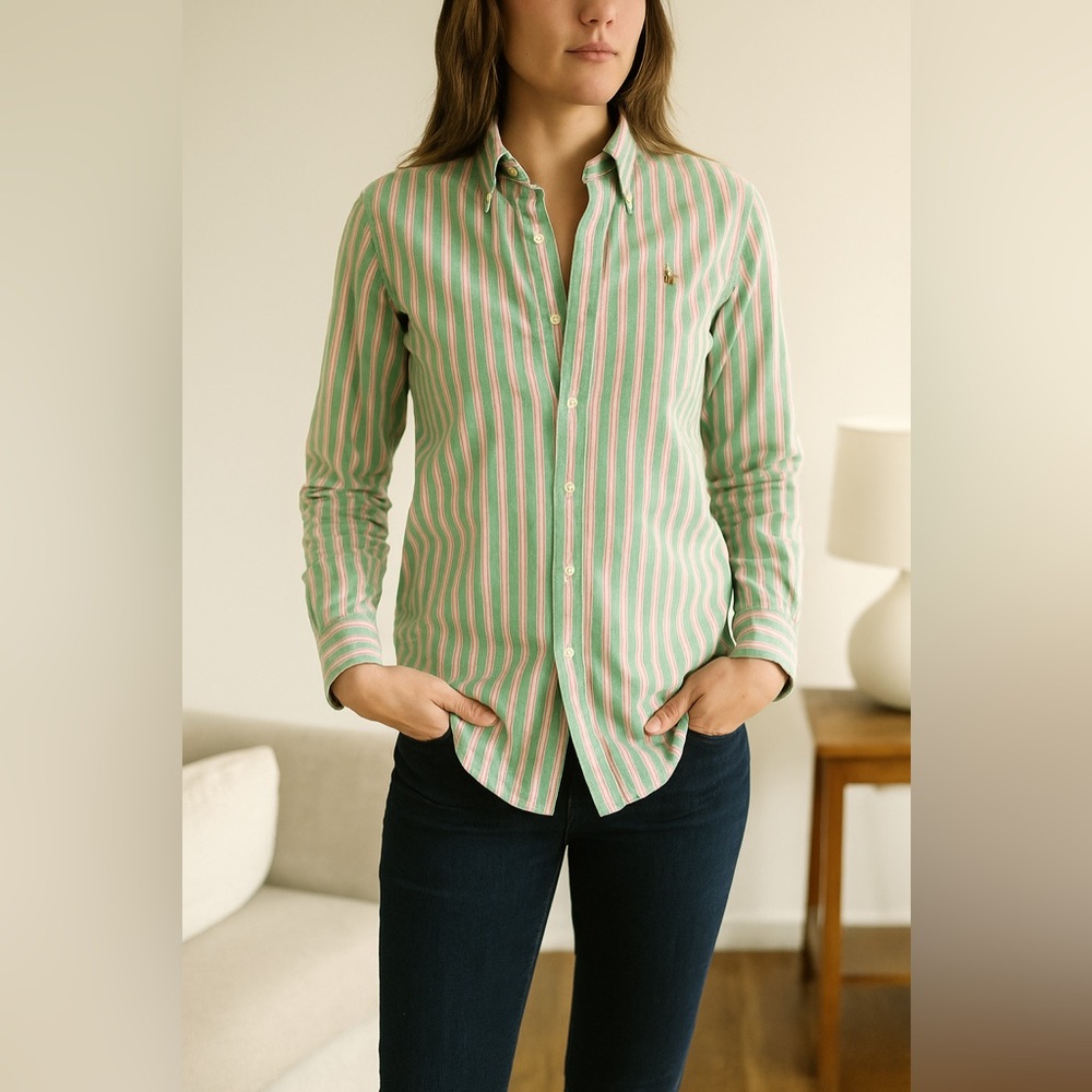 Ralph Lauren Green and Pink Striped Button Down Shirt